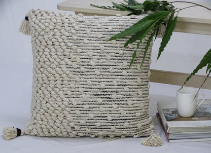 Throw pillow cover beige woven 20x20 with insert; chunky knit texture and tassel trim by Vibhsa on Tampa Home & Garden Store