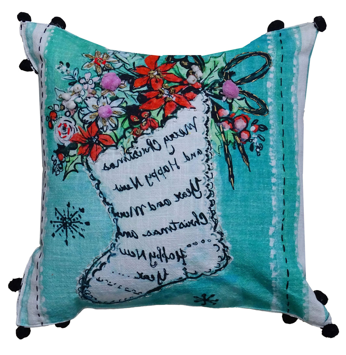 Christmas Holiday Pillow 18x18 teal patchwork florals and handwritten script by Vibhsa on Tampa Home & Garden Store
