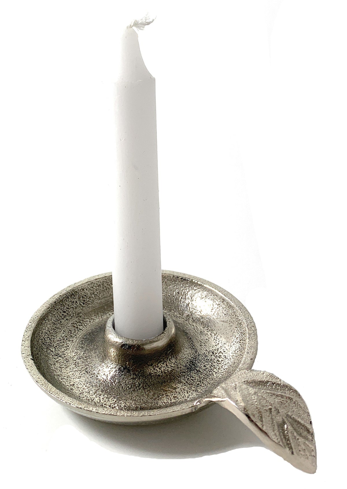 Vibhsa taper candlestick holder dish silver finish with leaf handle handcrafted aluminum on Tampa Home & Garden Store