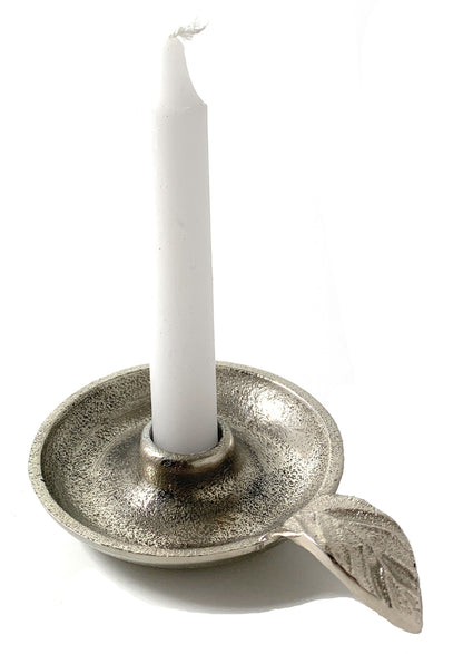 Vibhsa taper candlestick holder dish silver finish with leaf handle handcrafted aluminum on Tampa Home & Garden Store