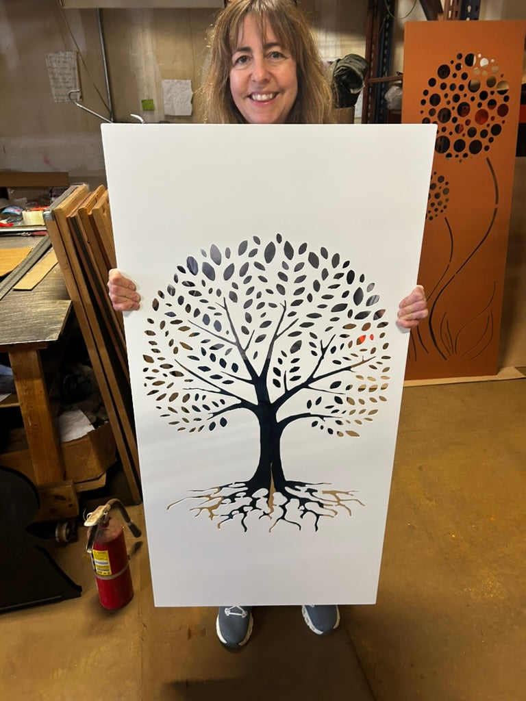 Metal Tree of Life wall art, black metal silhouette on white panel, Rustica Ornamentals on Tampa Home & Garden Store
