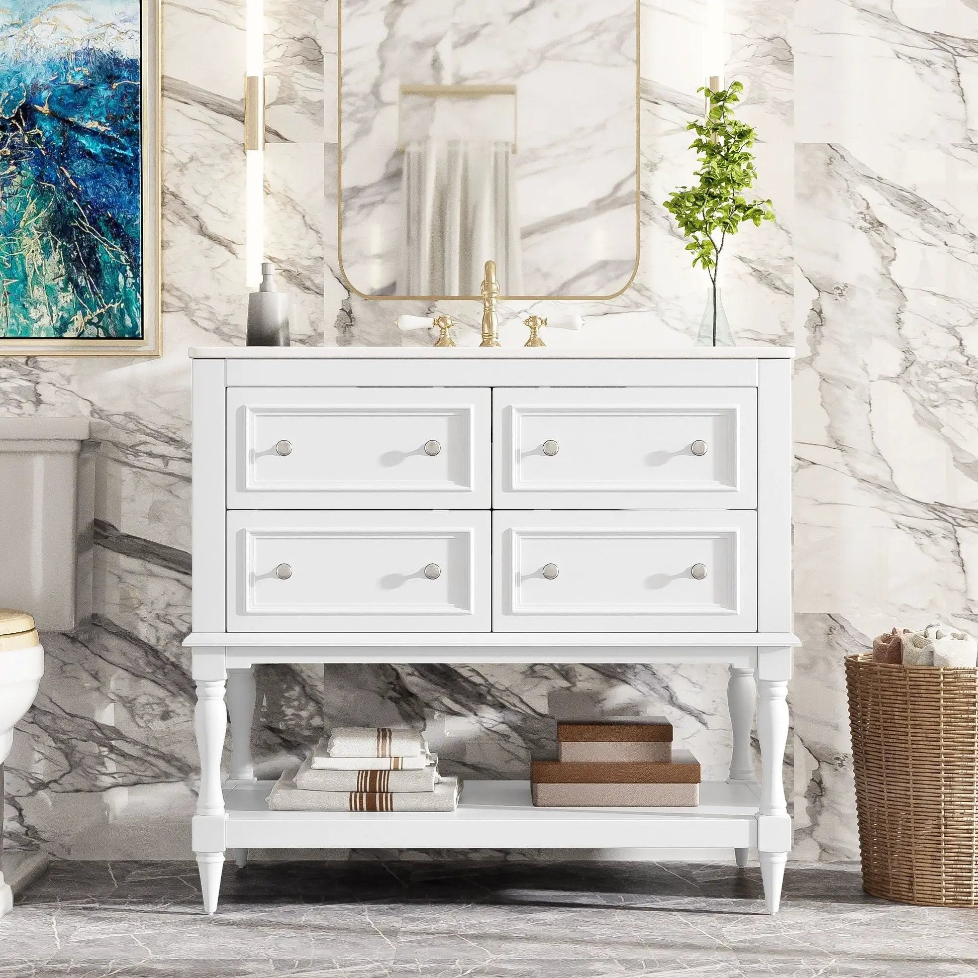 White vanity cabinet with undermount sink, 4 drawers, brass hardware by Unique Piece Furniture on Tampa Home & Garden Store