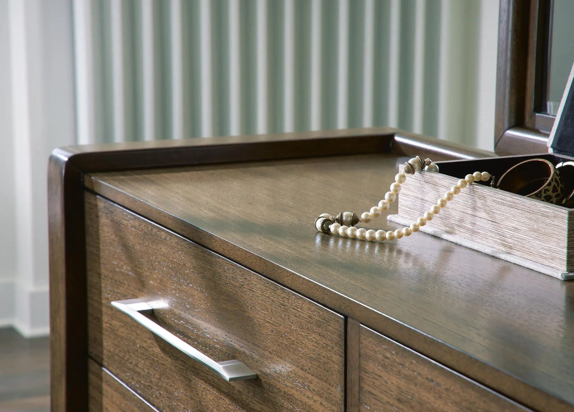 Marxmore dresser, Unique Piece Furniture, dark wood with silver hardware, jewelry on top on Tampa Home & Garden Store
