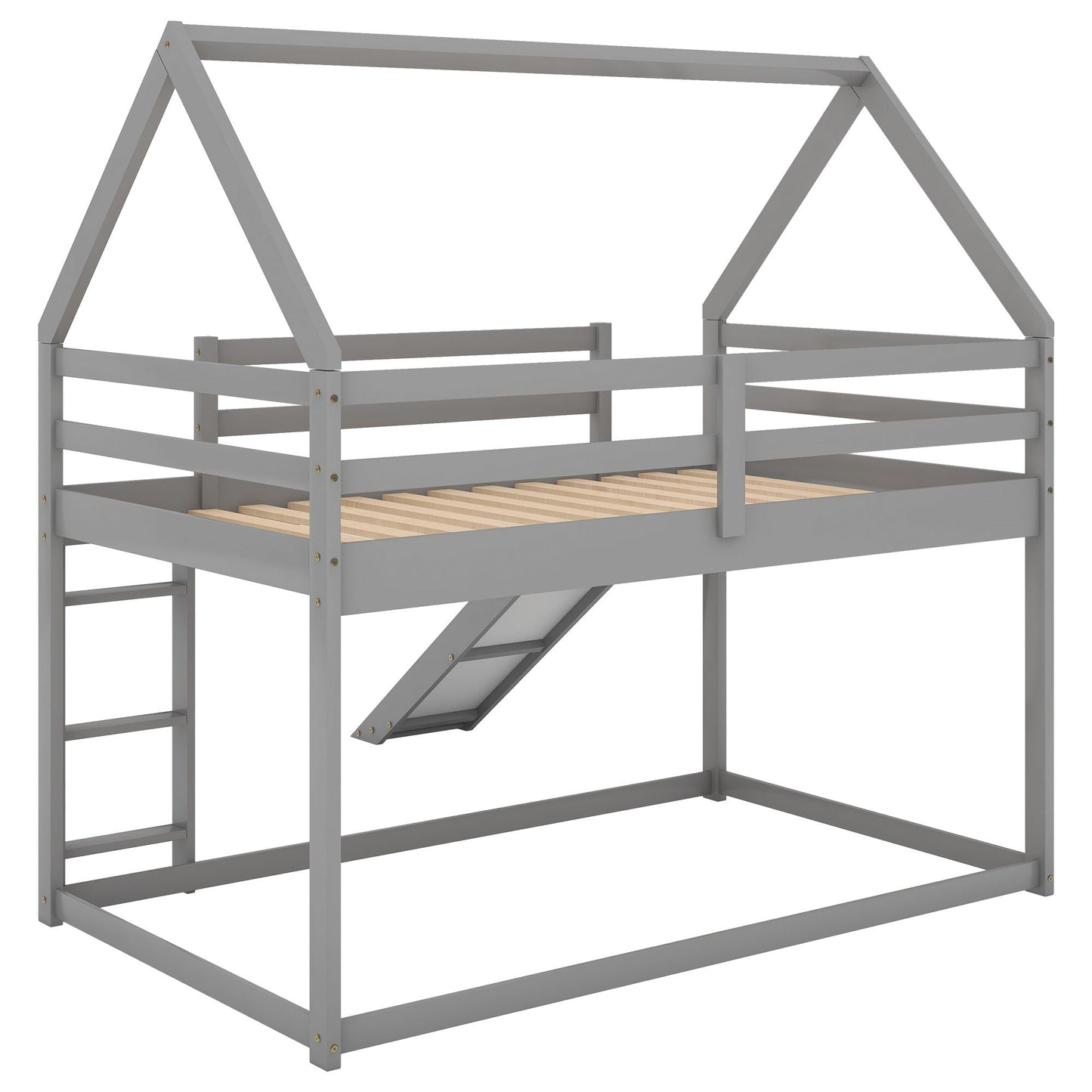 HouseOfZazla house-shaped bunk bed frame with slide and ladder, gray finish, slatted base on Tampa Home & Garden Store