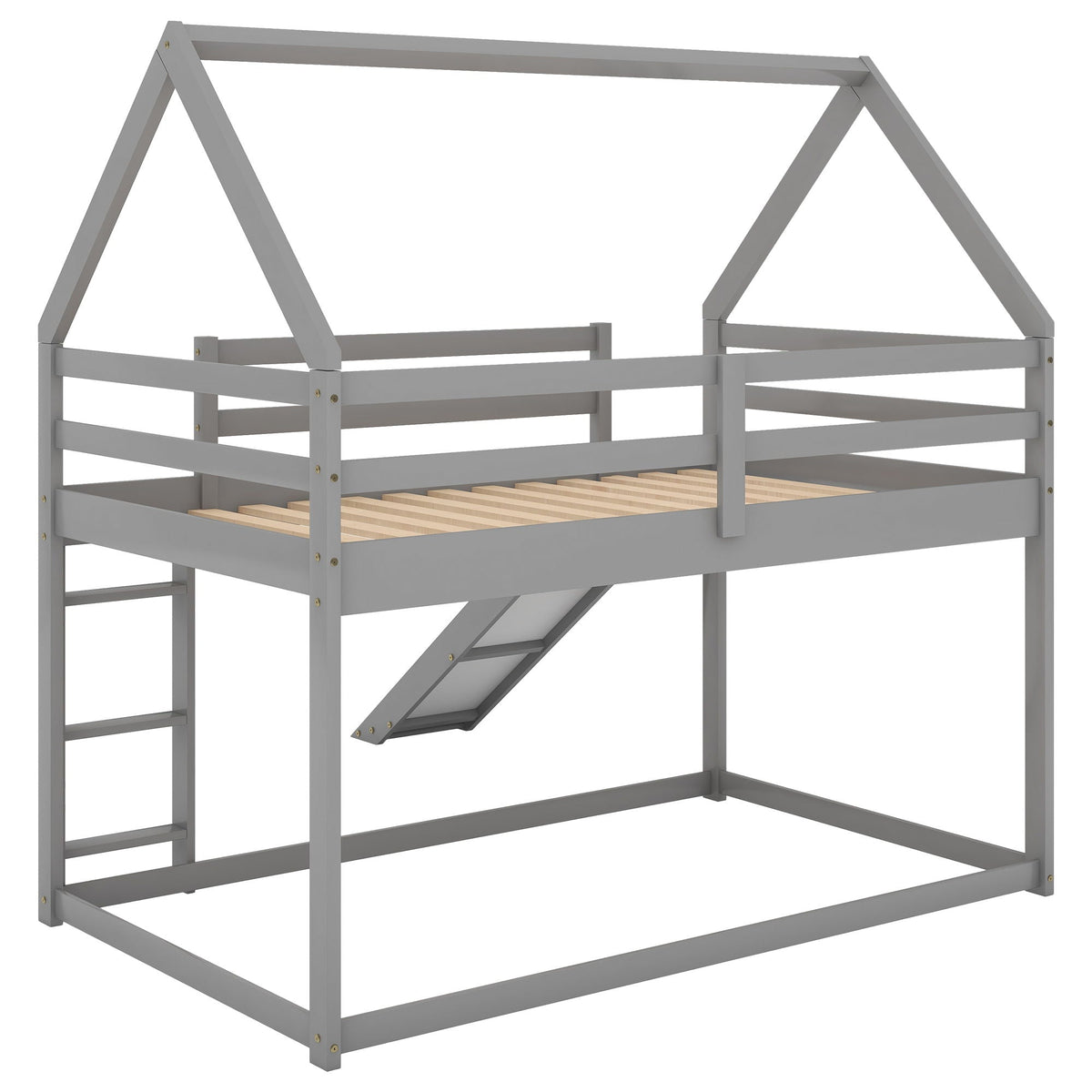 HouseOfZazla house-shaped bunk bed frame with slide and ladder, gray finish, slatted base on Tampa Home & Garden Store
