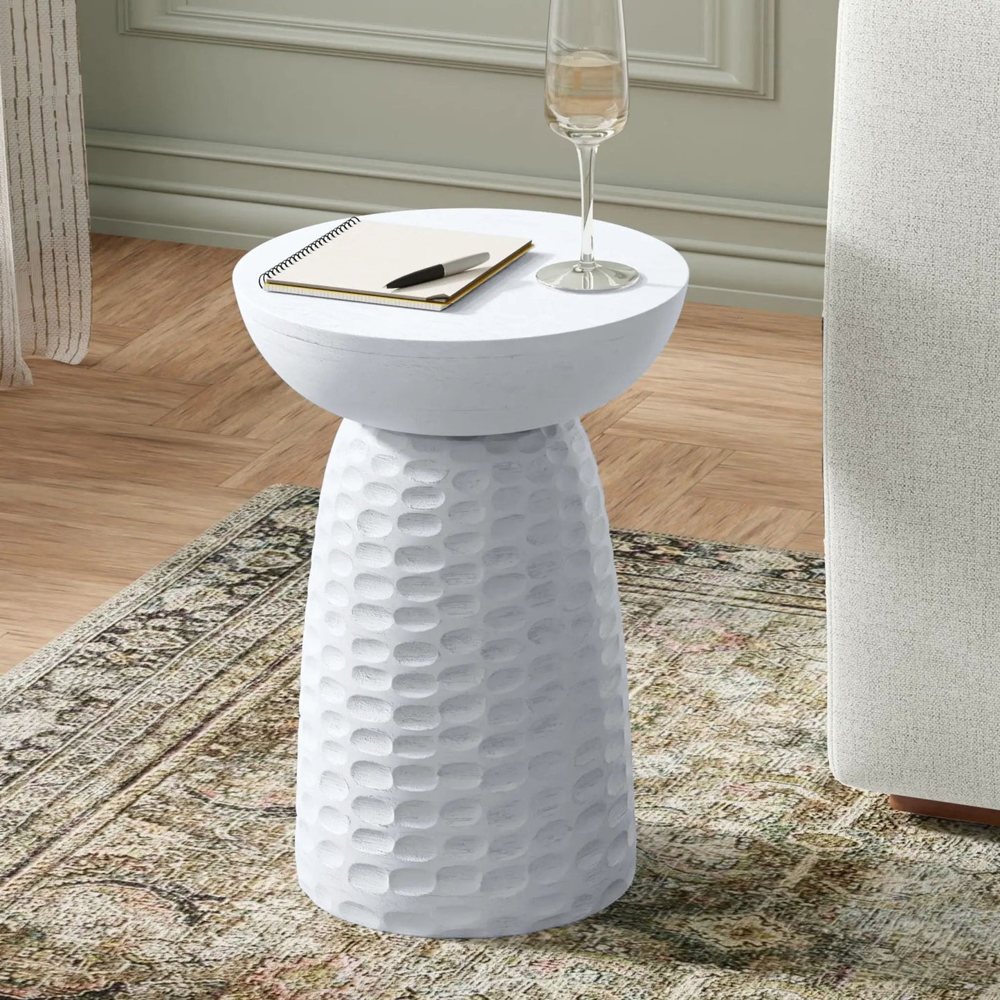 Boyd Accent Table white round pedestal with hammered base by Unique Piece Furniture on Tampa Home & Garden Store