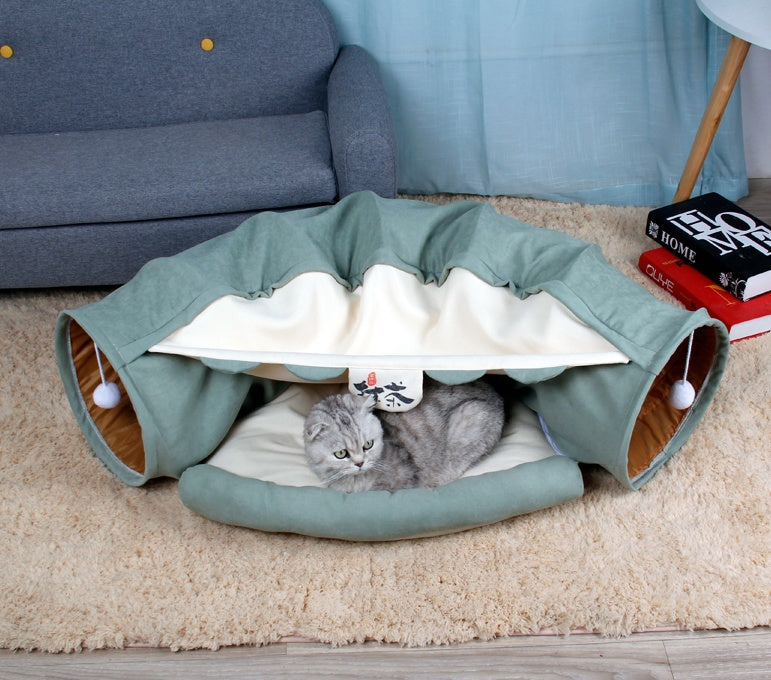 Cat tunnel bed in teal with beige interior, collapsible interactive indoor play tunnel on Tampa Home & Garden Store