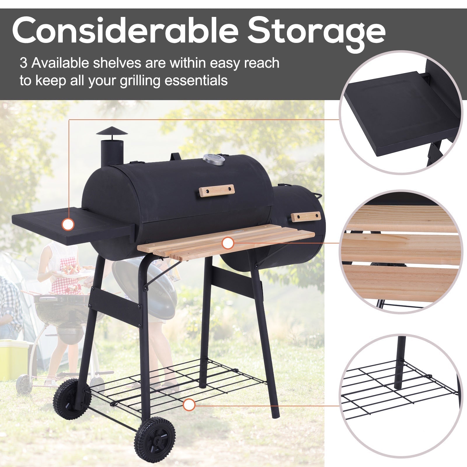 Outsunny 48in steel portable charcoal grill with offset smoker and wood side shelf on Tampa Home & Garden Store