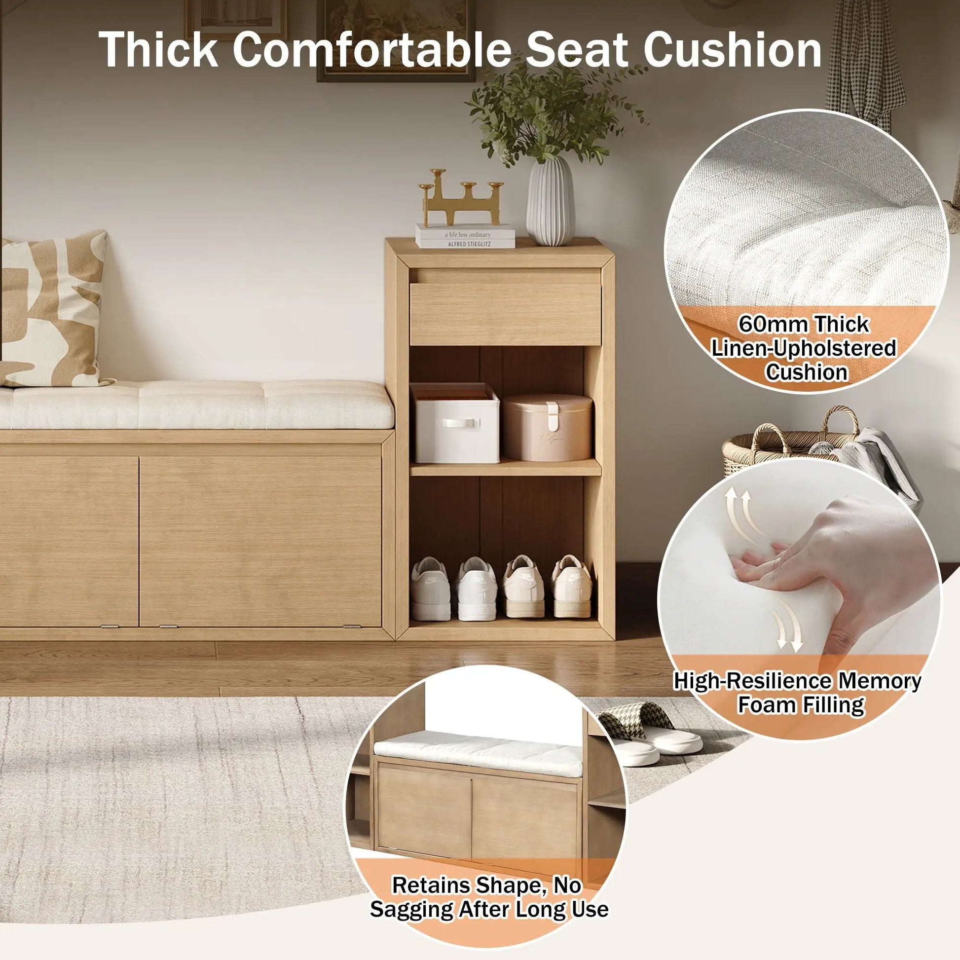 Entryway storage bench with cushion, drawers and open shelves in wood by Unique Piece Furniture on Tampa Home & Garden Store