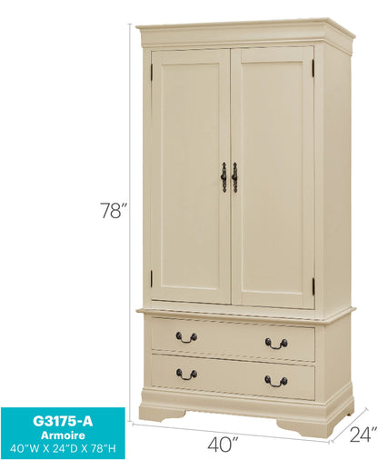 Traditional armoire with hanging bar, HouseOfZazla cream finish, double doors with metal pulls on Tampa Home & Garden Store