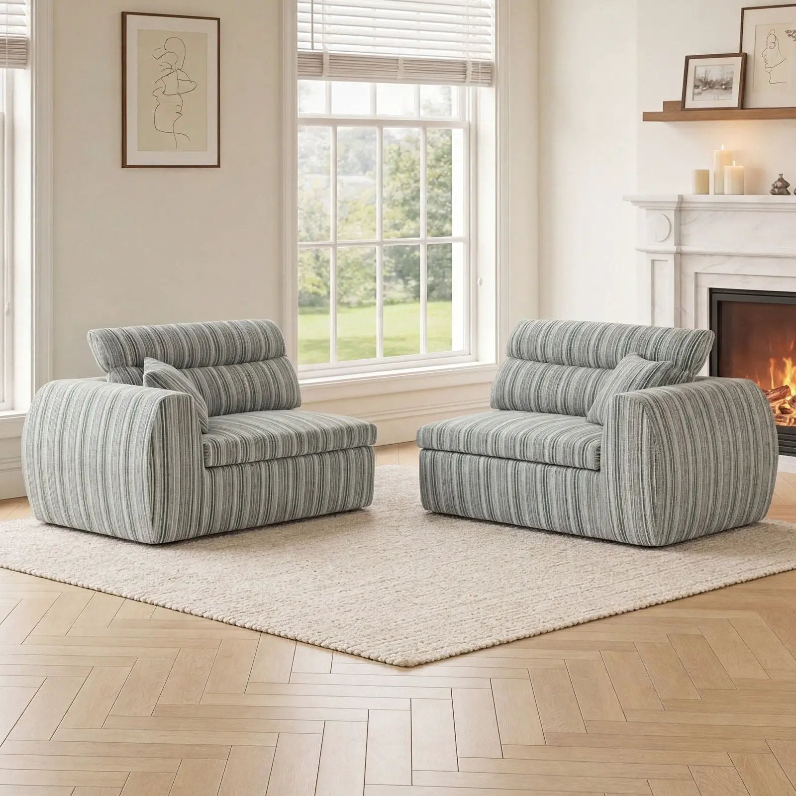 Stationary Sofas two gray striped armchairs with bolster pillows near a fireplace on Tampa Home & Garden Store