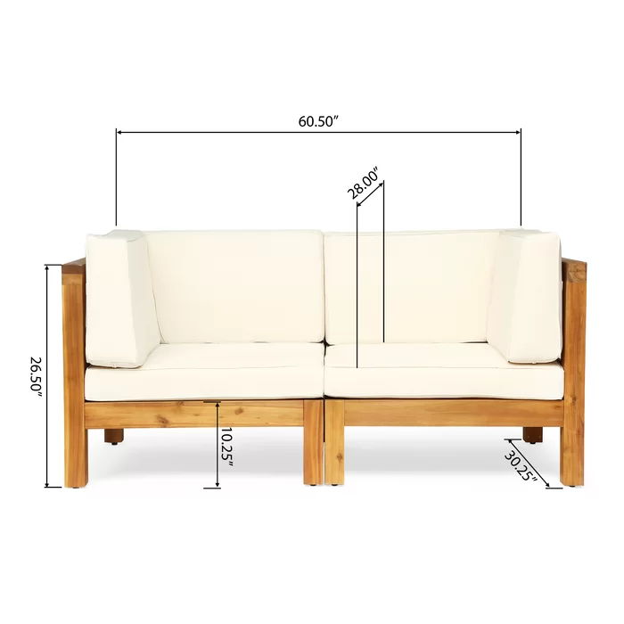 Brava X Back Loveseat two-seat sofa with beige water-resistant cushions on a wooden frame on Tampa Home & Garden Store