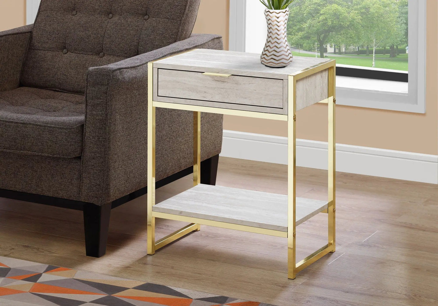 Accent Side Table with gold metal frame, pale gray wood top and drawer, vase decor on surface on Tampa Home & Garden Store