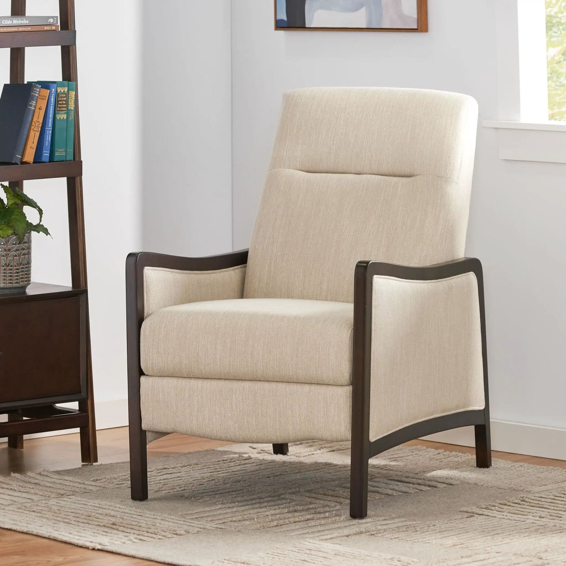 Drury Upholstered Pushback Recliner set by Unique Piece Furniture in fabric with dark wood frame on Tampa Home & Garden Store