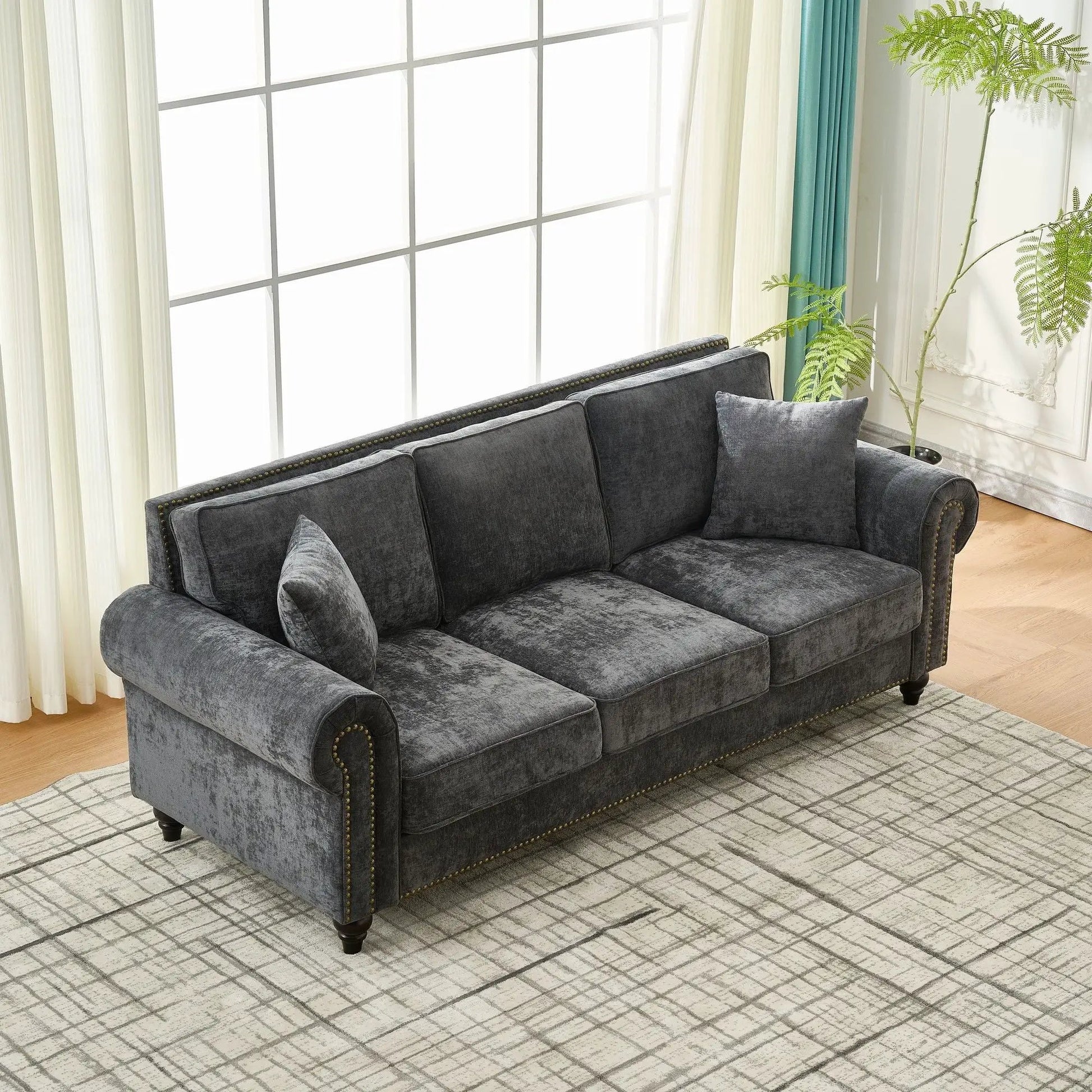 3 Seater sofa with tufted upholstery, rolled arms, nailhead trim in dark gray velvet on Tampa Home & Garden Store