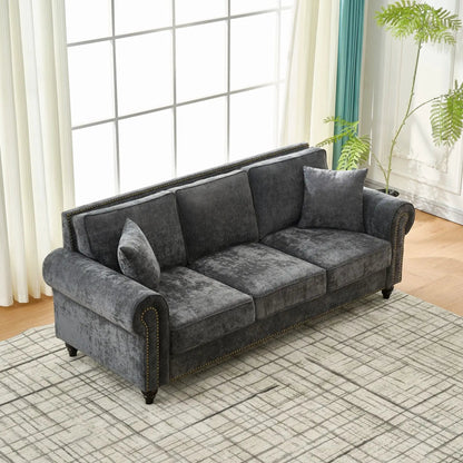 3 Seater sofa with tufted upholstery, rolled arms, nailhead trim in dark gray velvet on Tampa Home & Garden Store