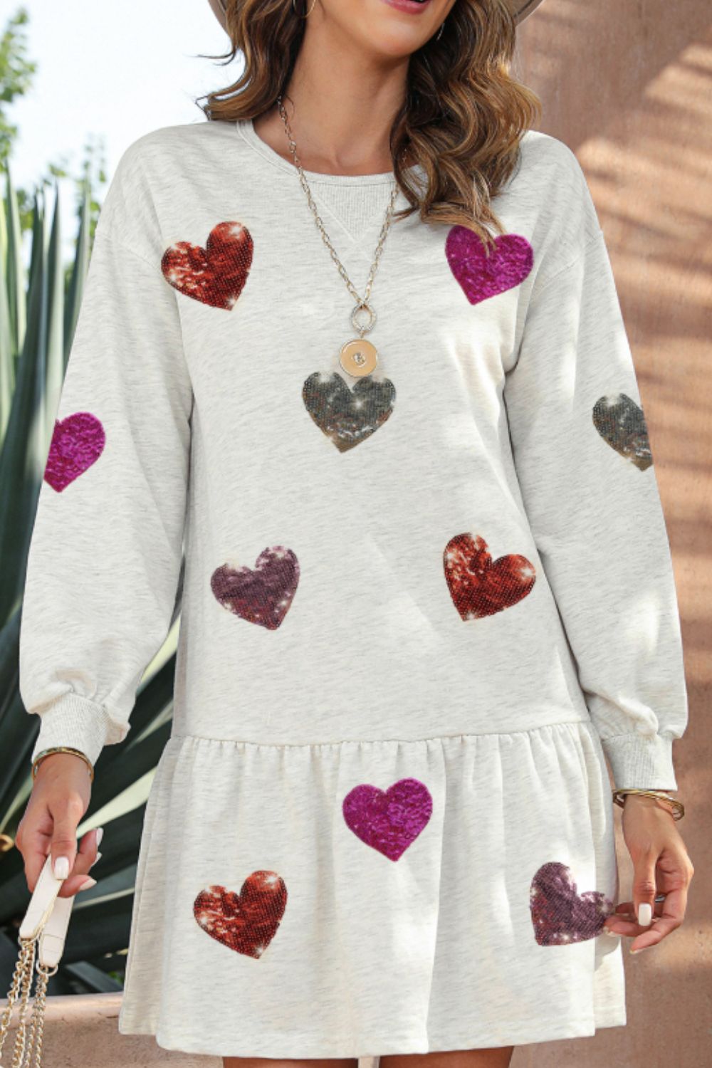 Stevvex heart-print long sleeve mini dress in light gray with multicolor sequin hearts on Tampa Home & Garden Store