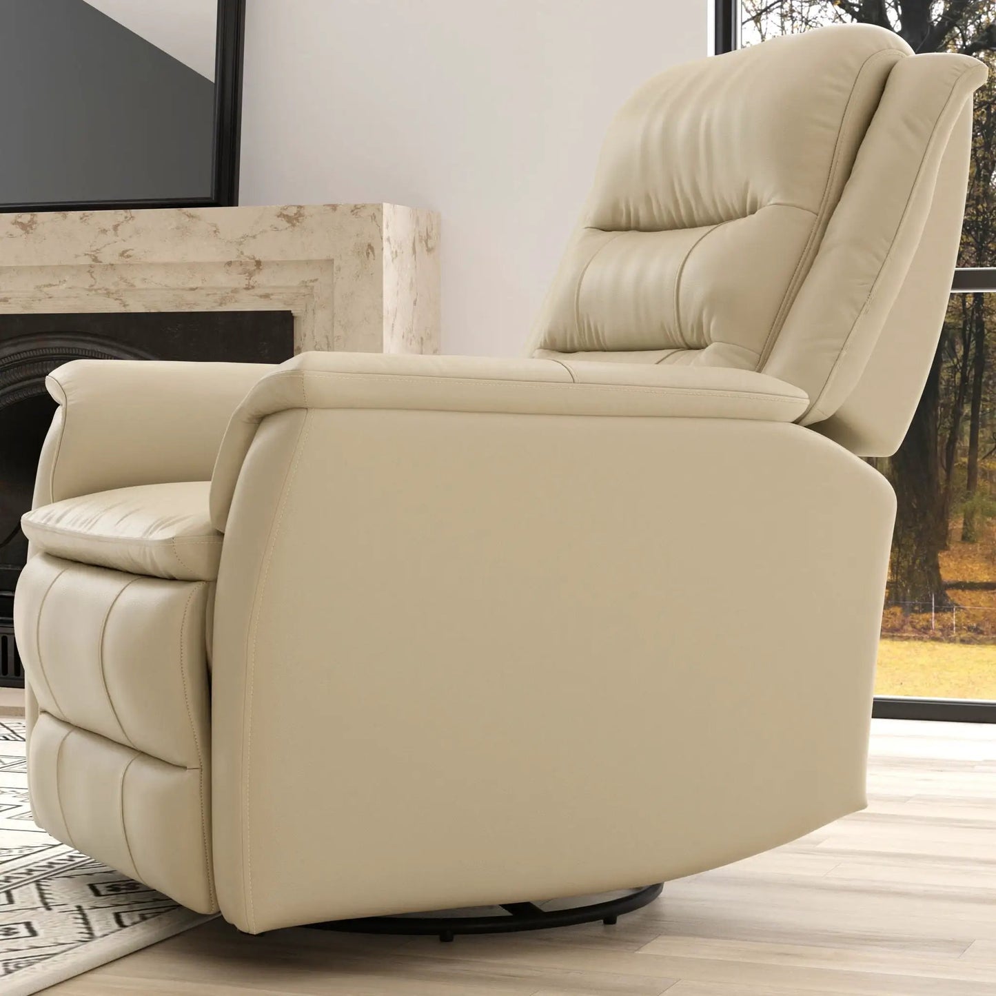Swivel recliner with manual footrest in beige leather upholstery by Unique Piece Furniture on Tampa Home & Garden Store