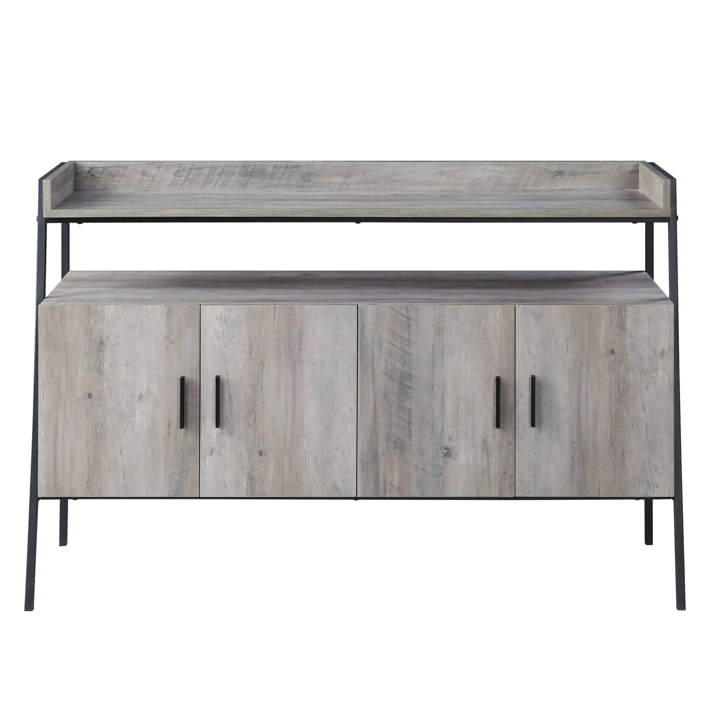 Samiya gray TV stand with black metal frame and wood-grain shelves Unique Piece Furniture on Tampa Home & Garden Store