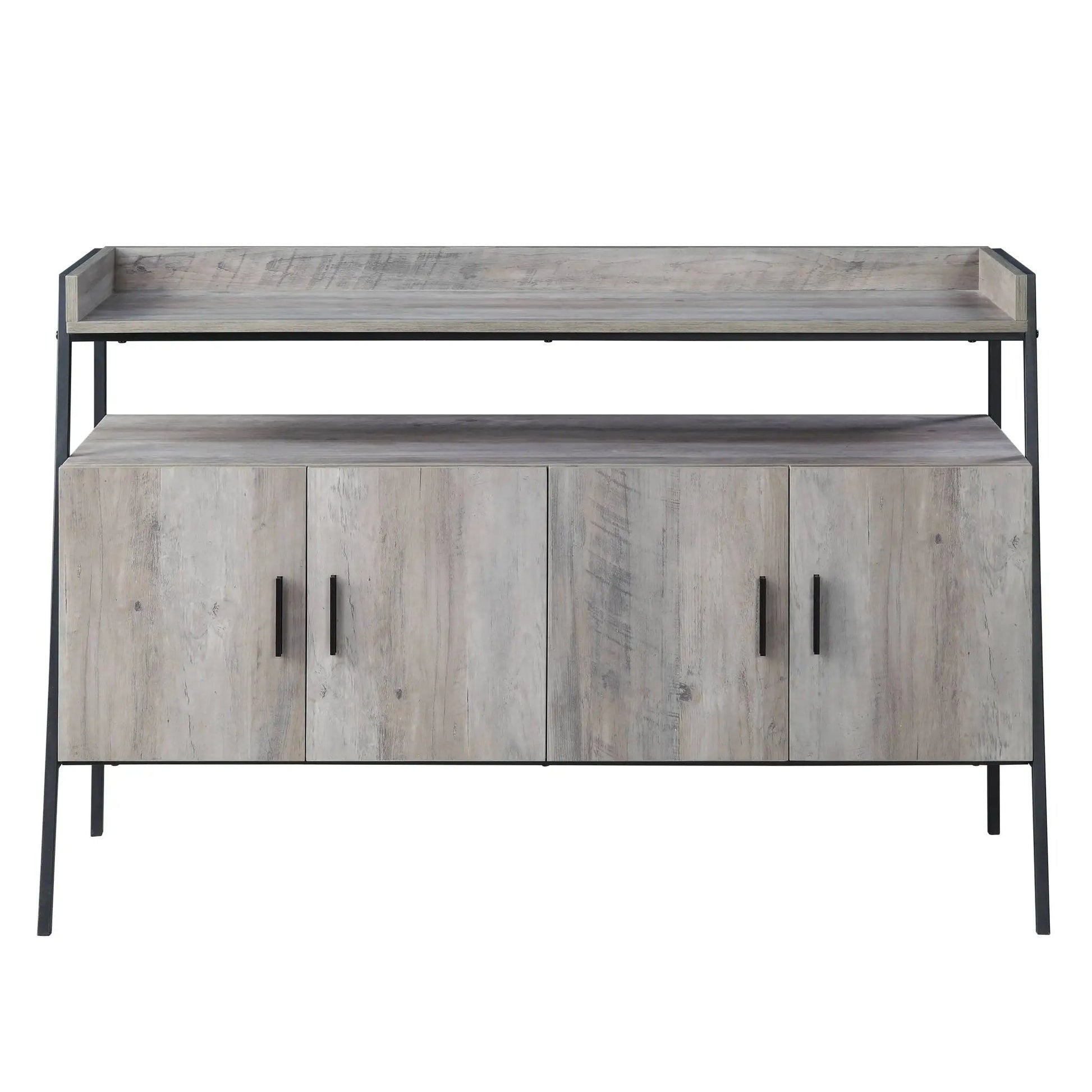 Samiya gray TV stand with black metal frame and wood-grain shelves Unique Piece Furniture on Tampa Home & Garden Store