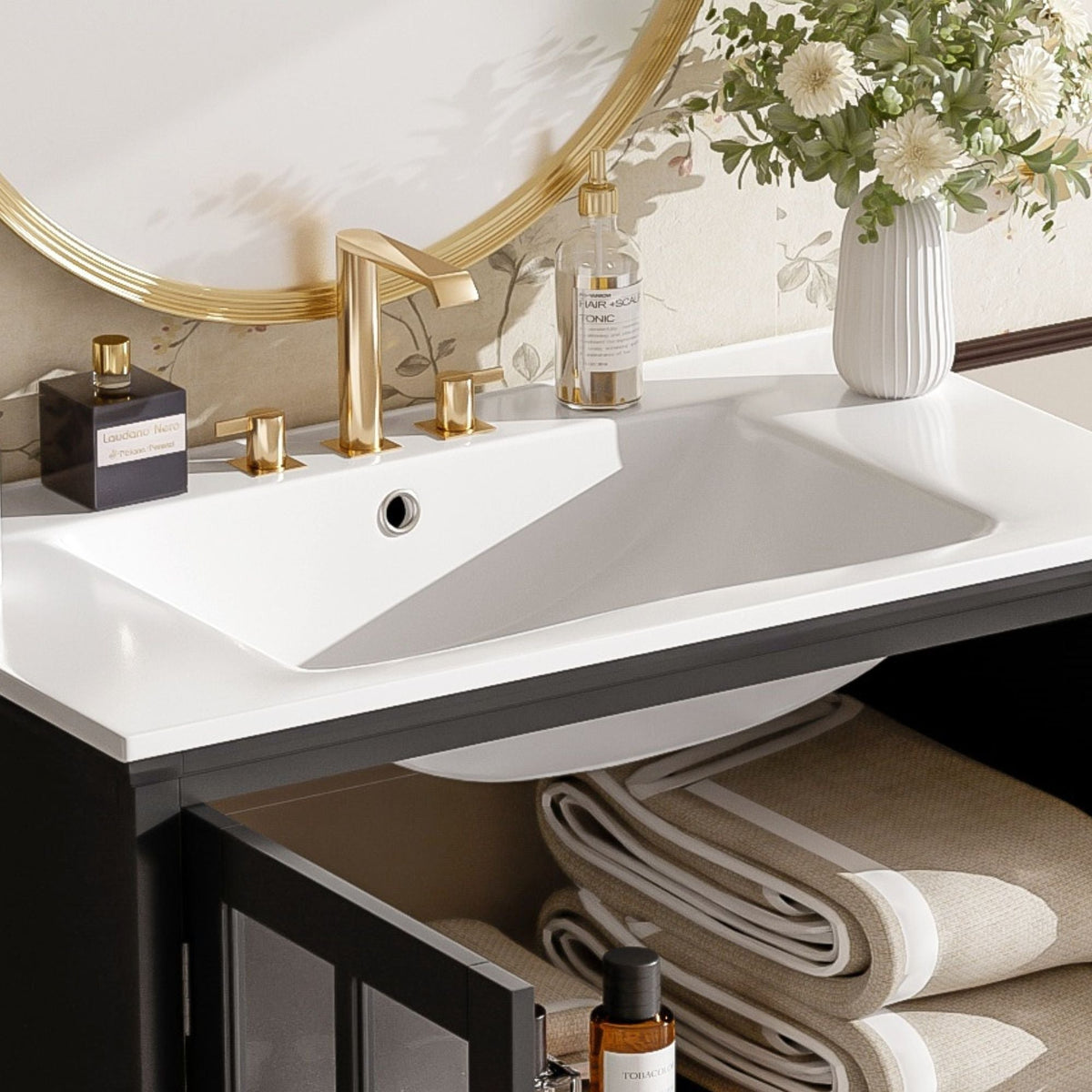 Modern bathroom vanity with ceramic sink and tempered blurred glass doors, white top on Tampa Home & Garden Store