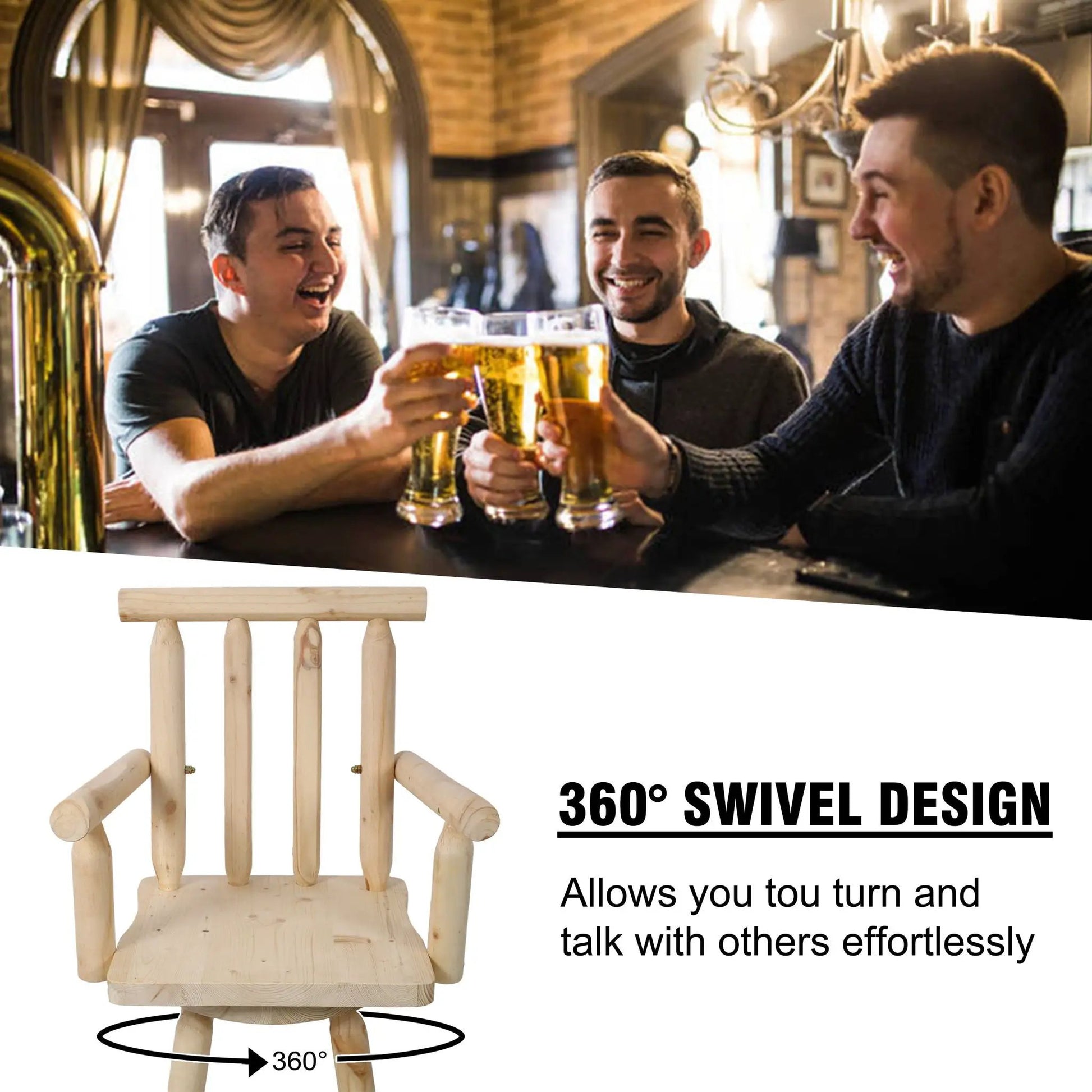 Rustic bar stool with fir wood, wide armrests, bar height 28–30 in, 360° swivel on Tampa Home & Garden Store