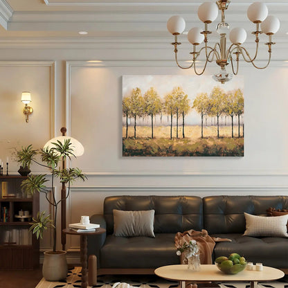 Canvas Art print of autumn forest with tan leaves in a stylish living room on Tampa Home & Garden Store