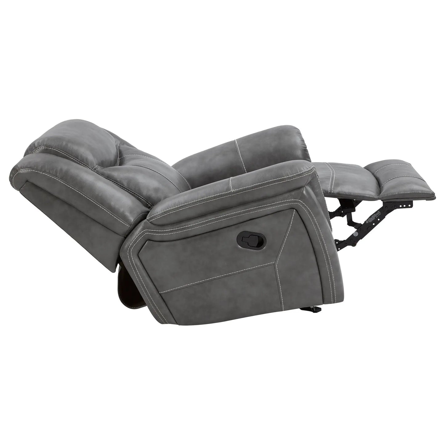 Encino upholstered padded arm glider recliner gray with white stitching and exposed mechanism on Tampa Home & Garden Store