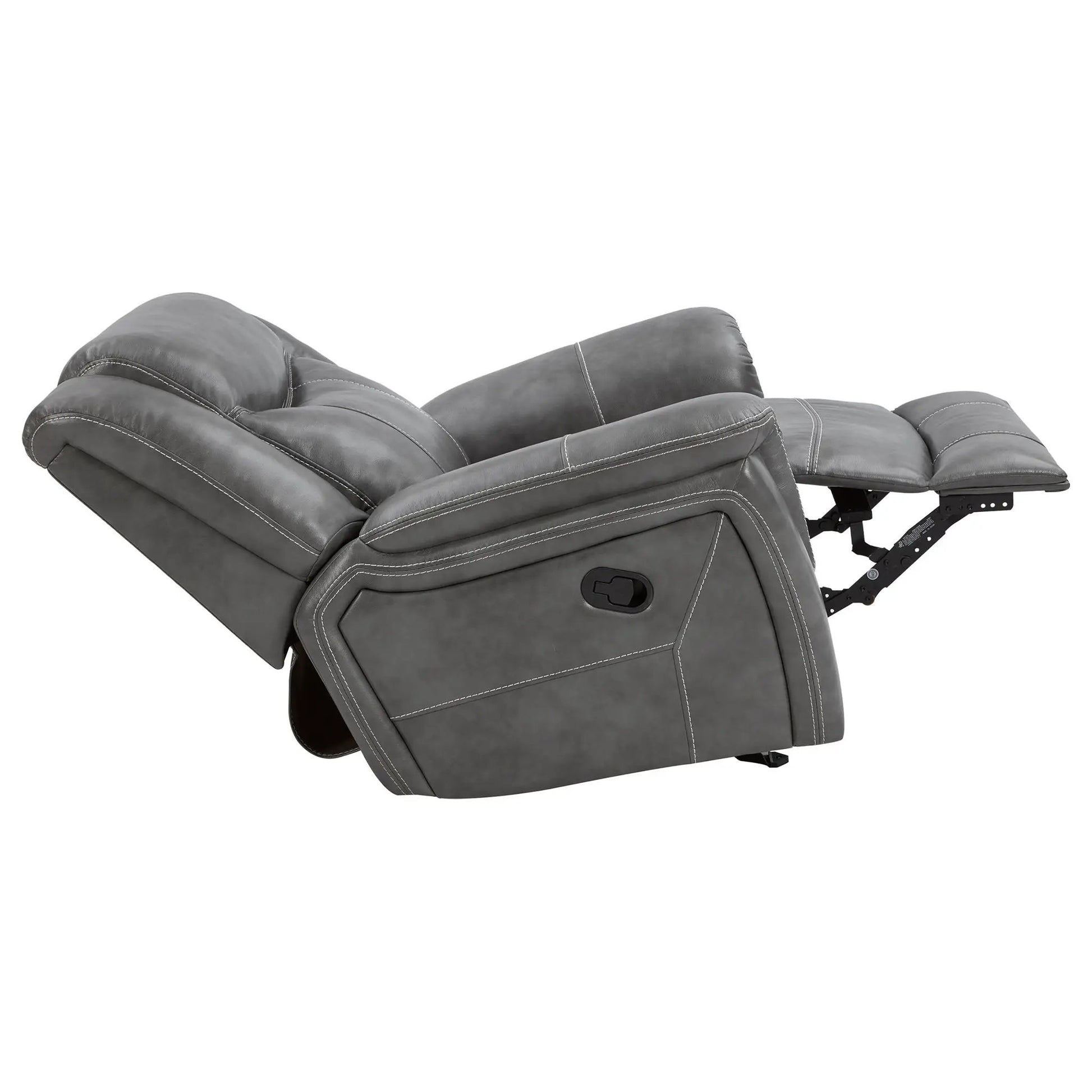 Encino upholstered padded arm glider recliner gray with white stitching and exposed mechanism on Tampa Home & Garden Store