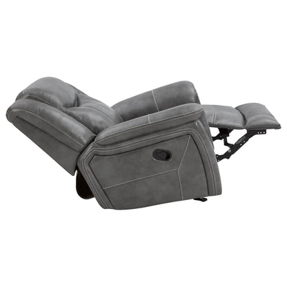 Encino upholstered padded arm glider recliner gray with white stitching and exposed mechanism on Tampa Home & Garden Store