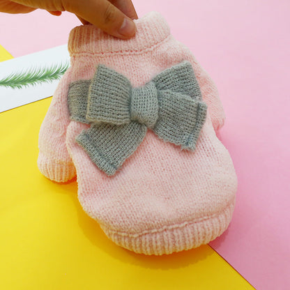 Bowknot pink knit dog sweater with gray bow by Pet Zen on Tampa Home & Garden Store