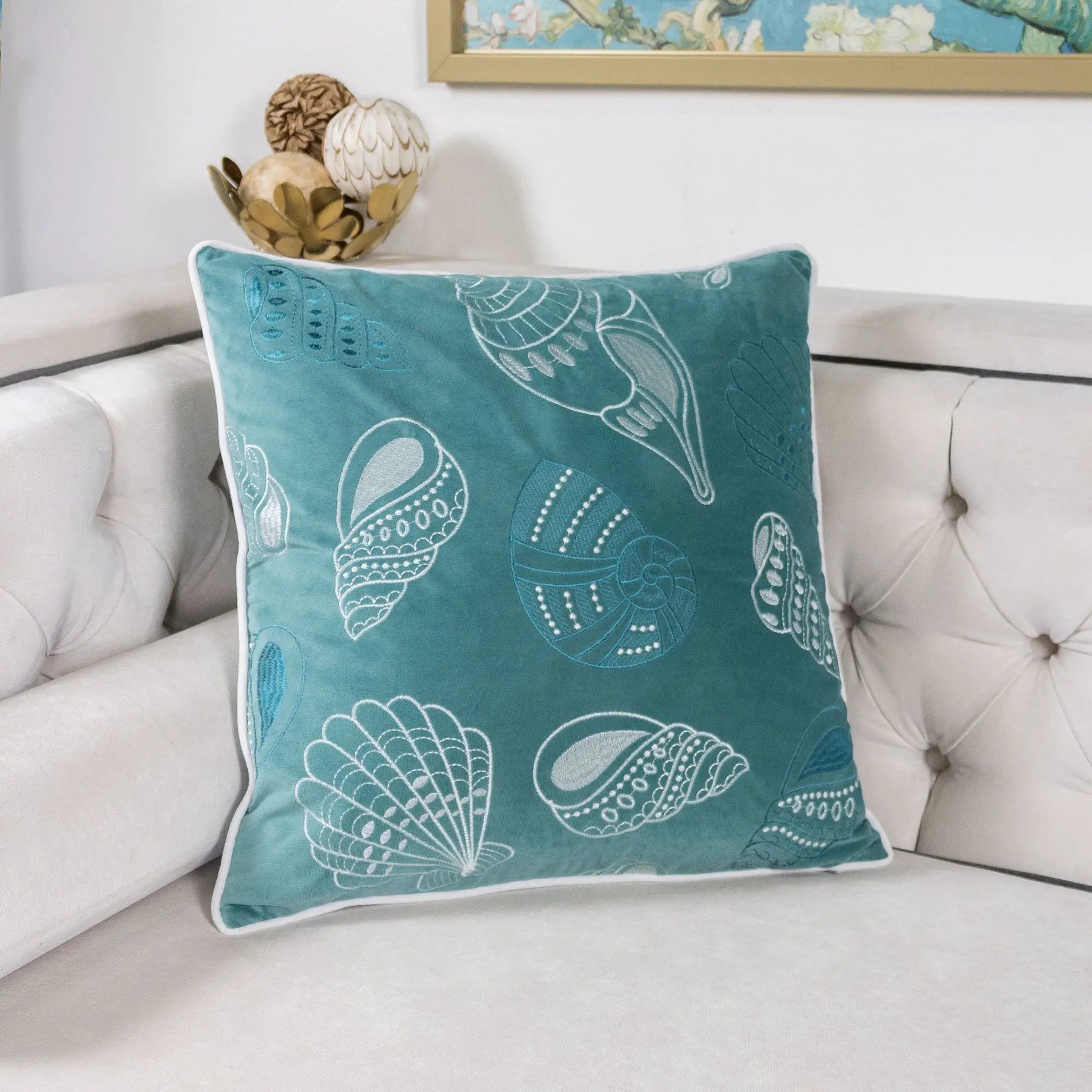 Seashells Pillow Cover teal accent pillow with white shell embroidery by Unique Piece Furniture on Tampa Home & Garden Store