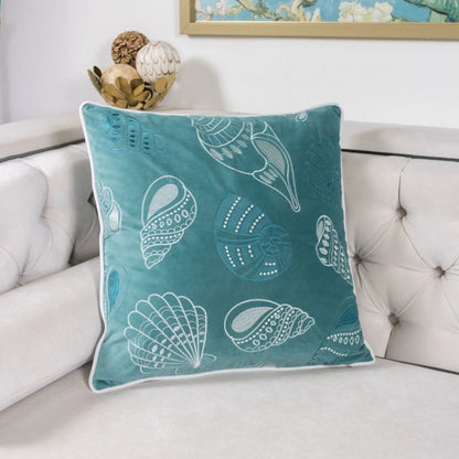 Seashells Pillow Cover teal accent pillow with white shell embroidery by Unique Piece Furniture on Tampa Home & Garden Store
