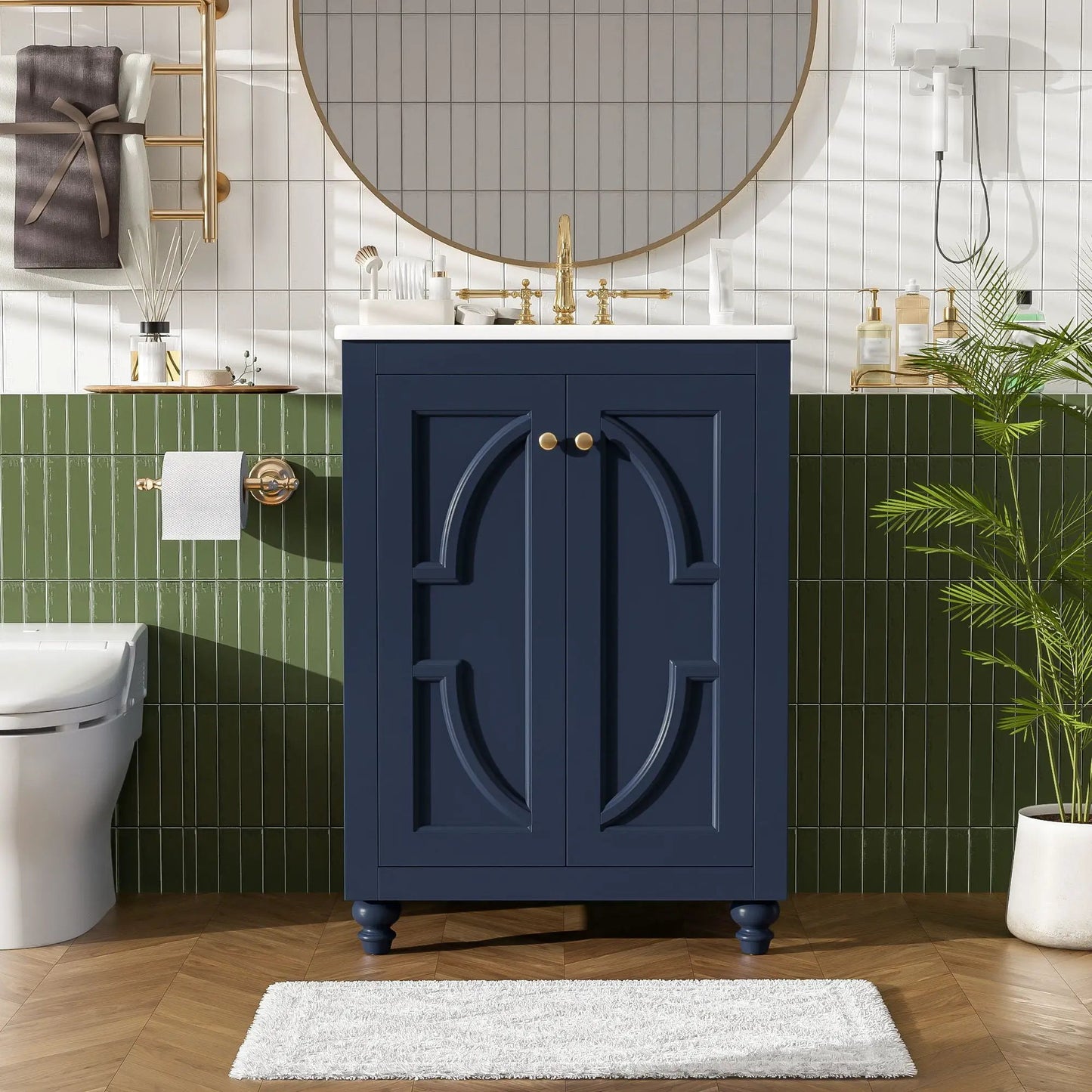Bathroom vanity with ornate elliptical motif navy cabinet gold hardware and white top on Tampa Home & Garden Store