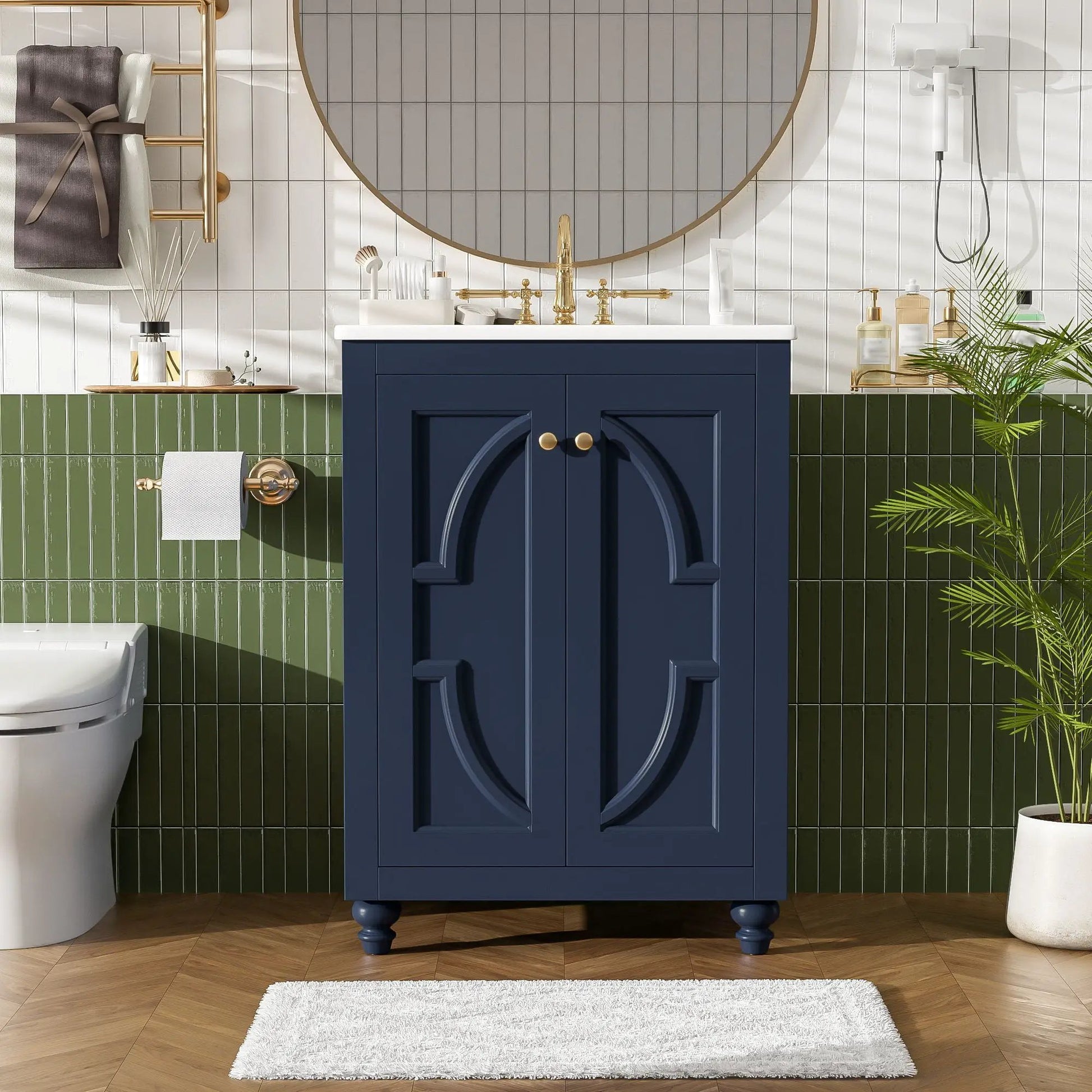 Bathroom vanity with ornate elliptical motif navy cabinet gold hardware and white top on Tampa Home & Garden Store