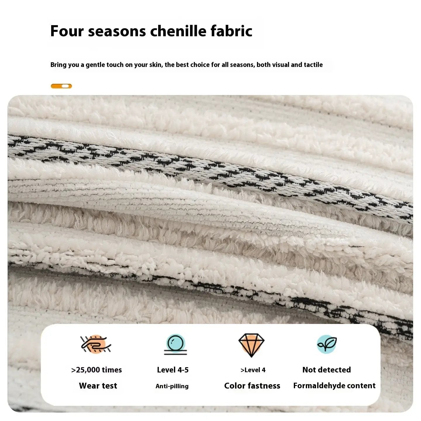 Cream four-season chenille sofa cover with a black woven stripe, folded fabric stack on Tampa Home & Garden Store