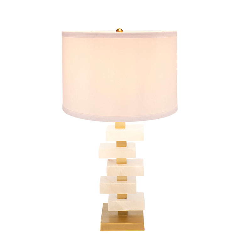 Table lamp with white alabaster slab blocks and gold accents, white shade on gold base on Tampa Home & Garden Store