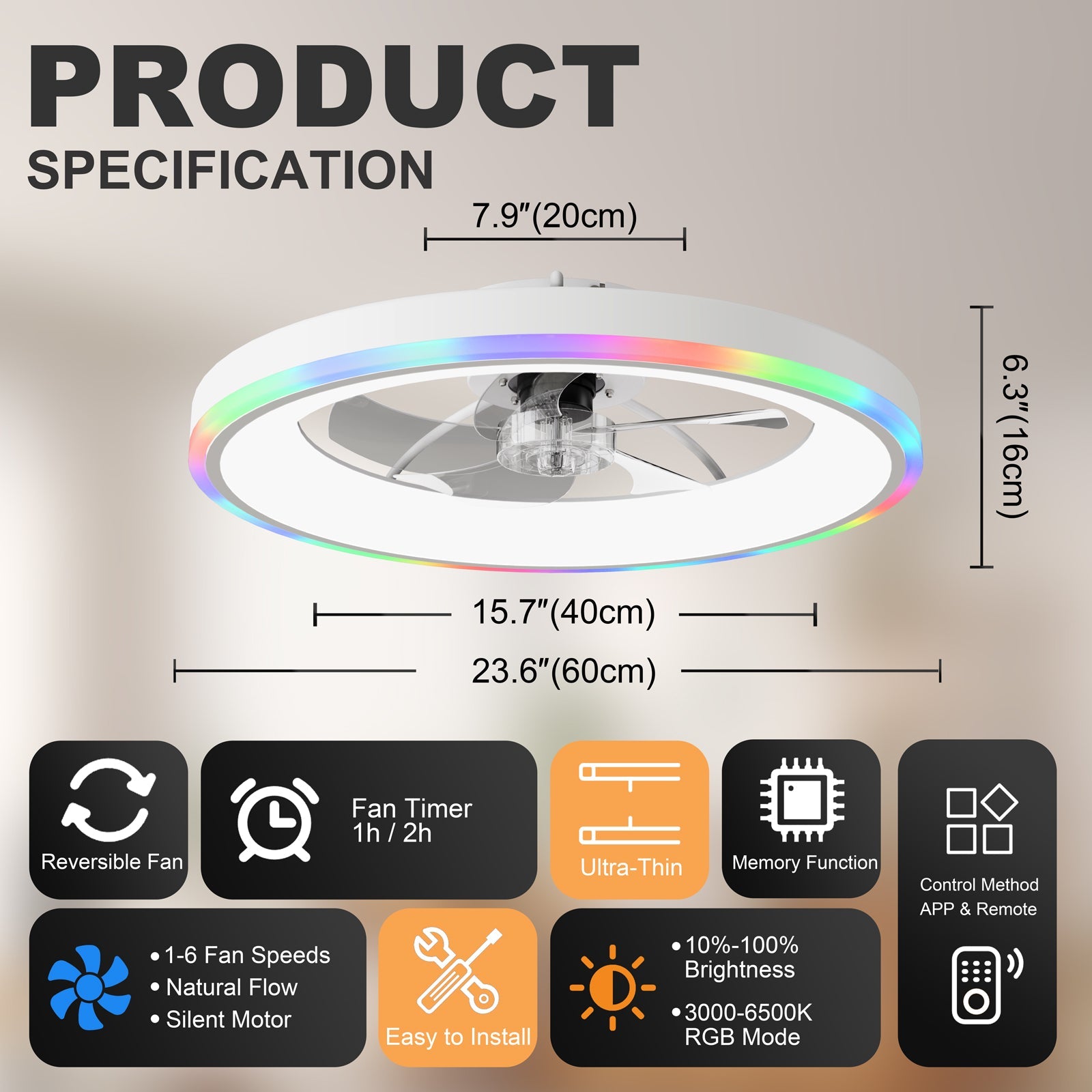 Ceiling fan with RGB LED ring and lights, white finish, 23.6 inch diameter by HouseOfZazla on Tampa Home & Garden Store