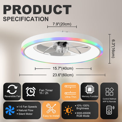 Ceiling fan with RGB LED ring and lights, white finish, 23.6 inch diameter by HouseOfZazla on Tampa Home & Garden Store
