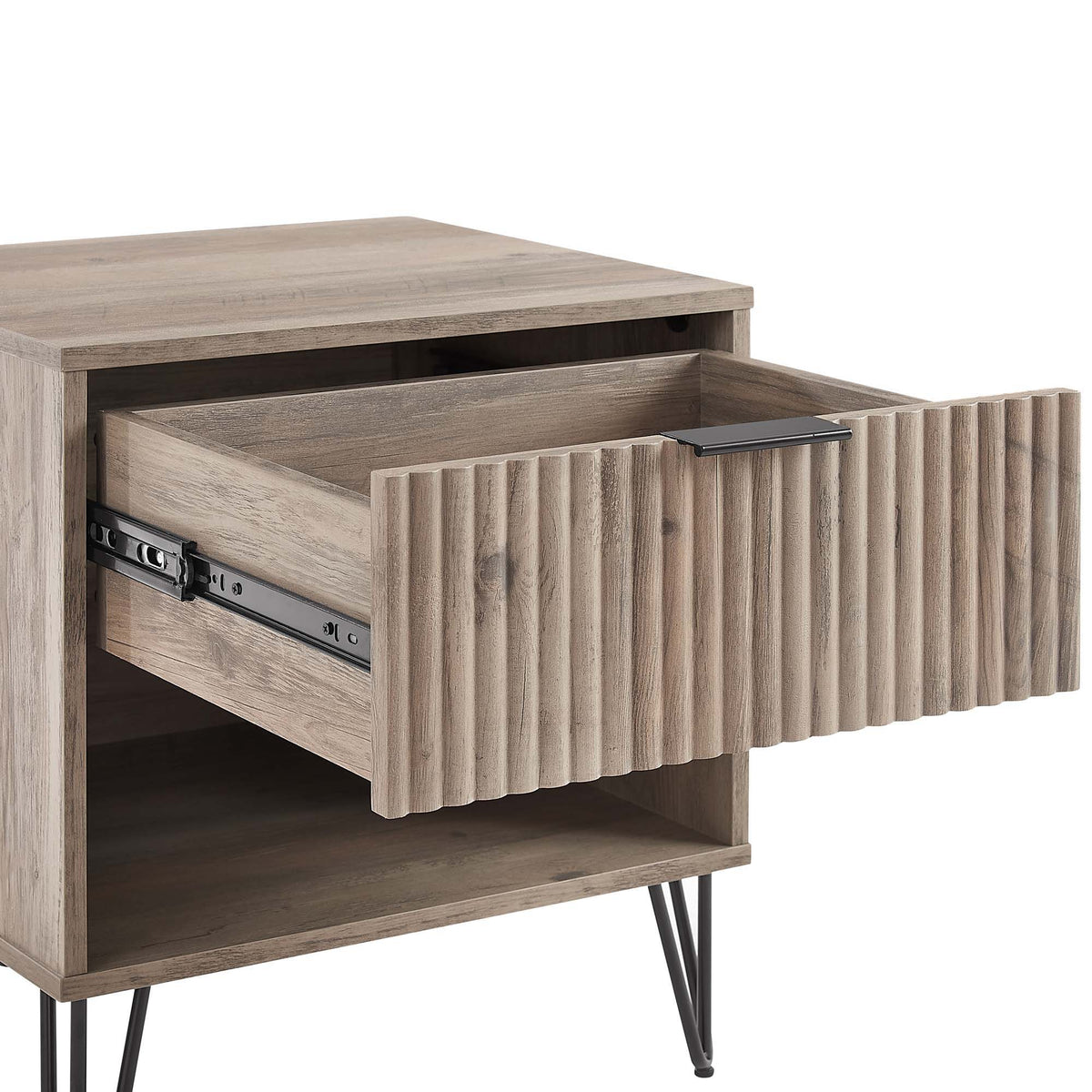 Modern nightstand by HouseOfZazla with fluted drawer front and metal handle in wood finish on Tampa Home & Garden Store