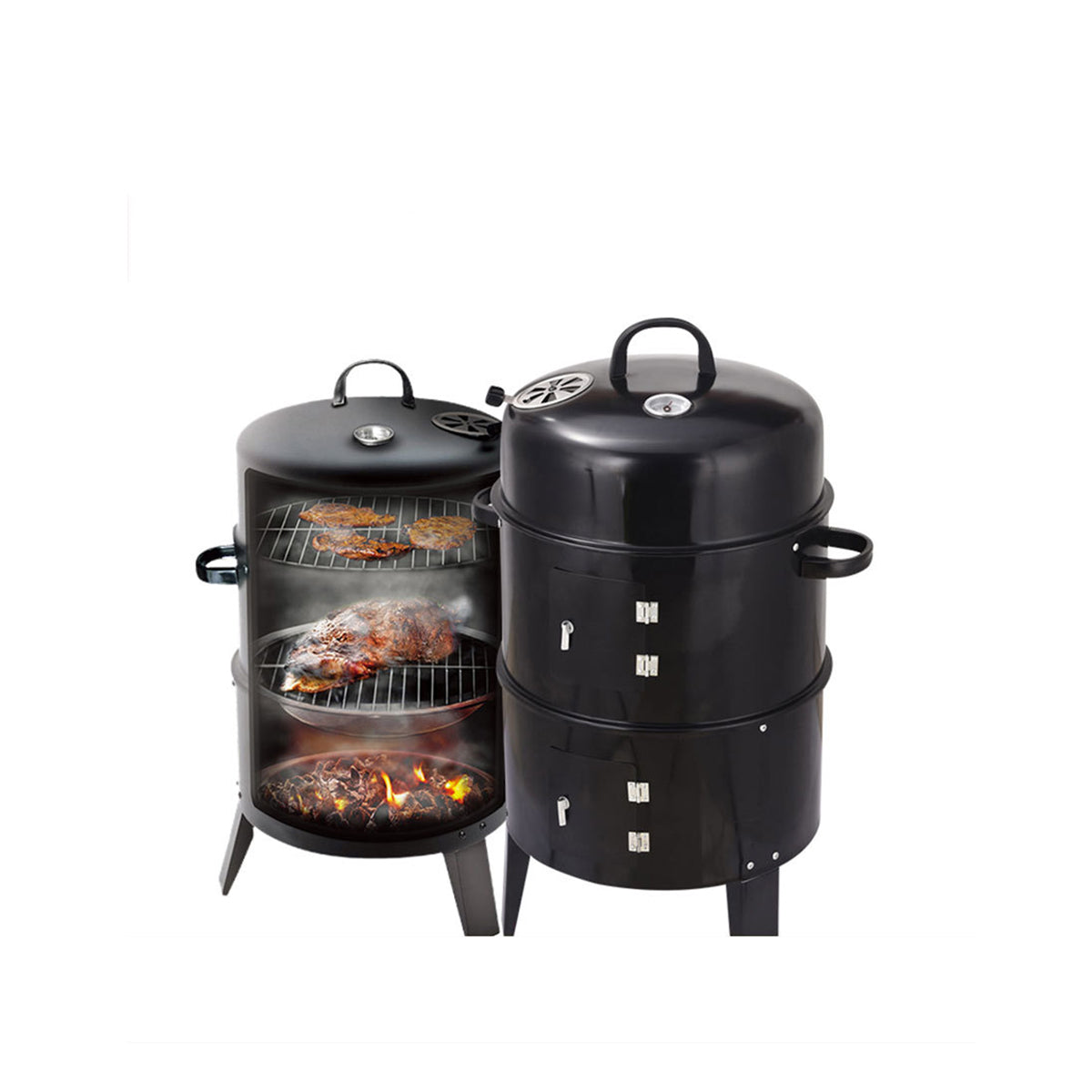 Outdoor double-layer charcoal grill smoker stove, black steel, two stacked units on Tampa Home & Garden Store