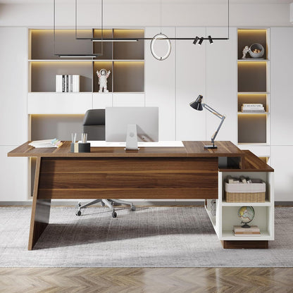 L-shaped desk in white and walnut with storage cabinet and shelves for home office on Tampa Home & Garden Store