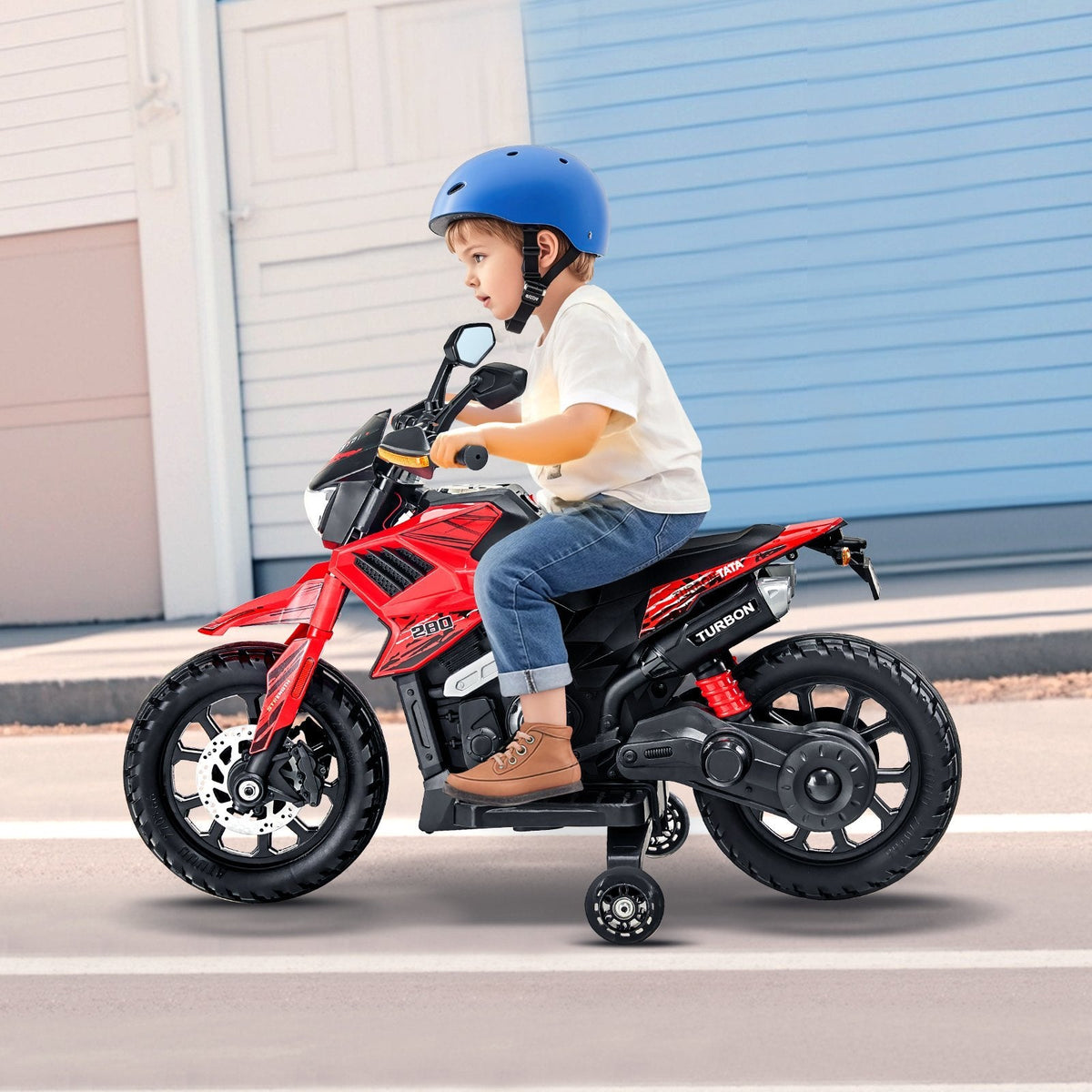 Kids' 12V electric ride-on motorcycle with LED lights, red, UpTrend Deals, child rider on Tampa Home & Garden Store