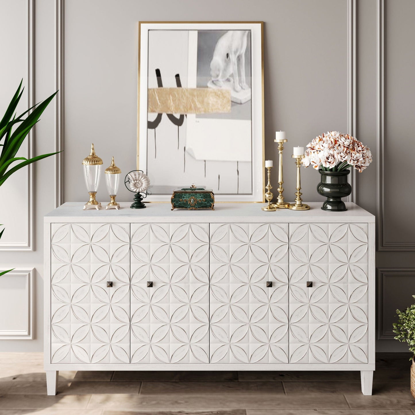 White Wash 4 Door Wooden Accent Cabinet for Home