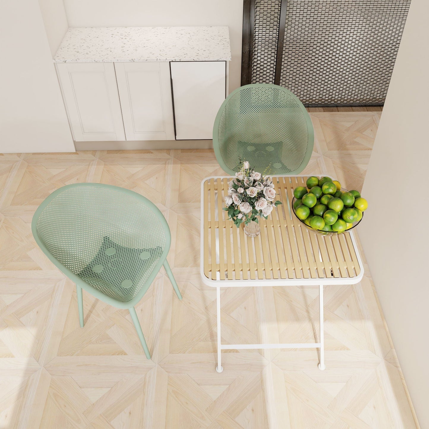 HouseOfZazla 2-Pack Lounge Chairs & Folding Square Table in mint green perforated metal on Tampa Home & Garden Store