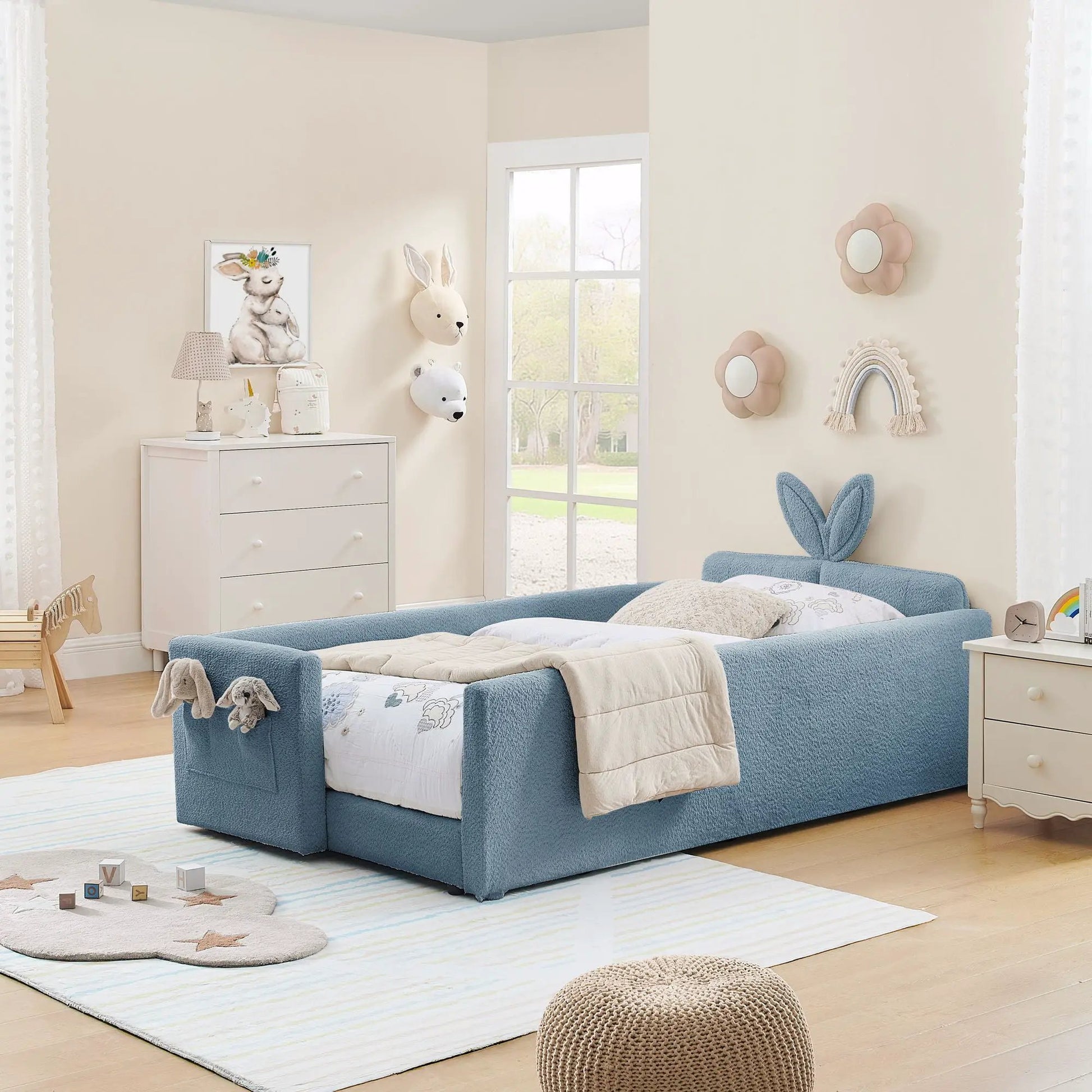 Cute Rabbit Ear Upholstered Platform Bed in blue fabric with Safety Rail for a kid's room on Tampa Home & Garden Store