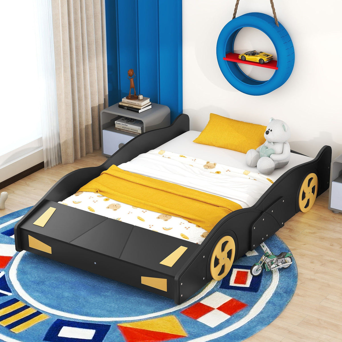 Race Car Shaped Platform Bed with Wheels and Storage black frame with yellow wheels on Tampa Home & Garden Store