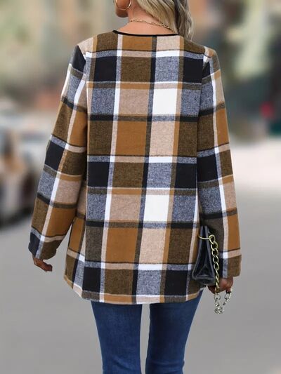 Stevvex plaid open-front jacket in camel, black, white plaid, breathable outerwear on Tampa Home & Garden Store