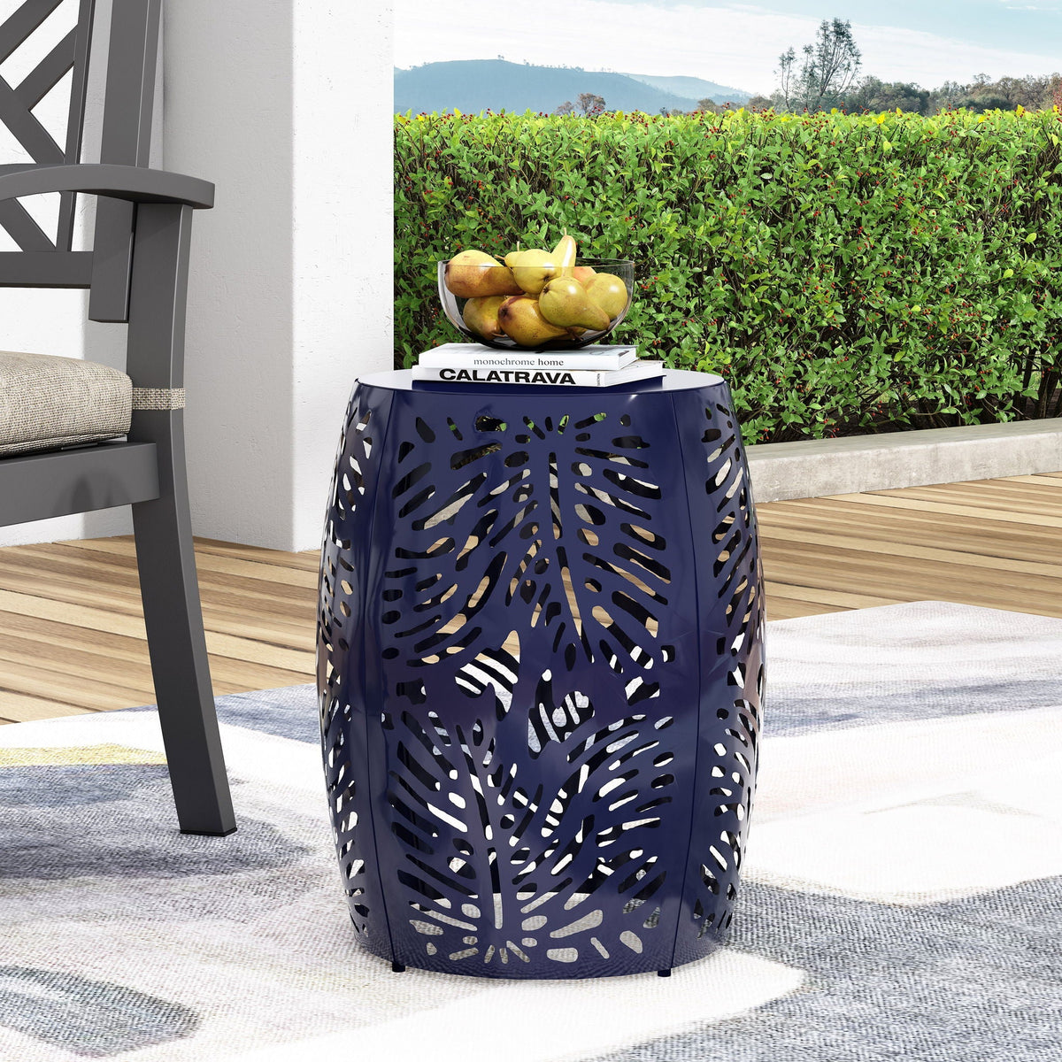 Outdoor metal end table with palm leaf cut-out in blue by HouseOfZazla on Tampa Home & Garden Store