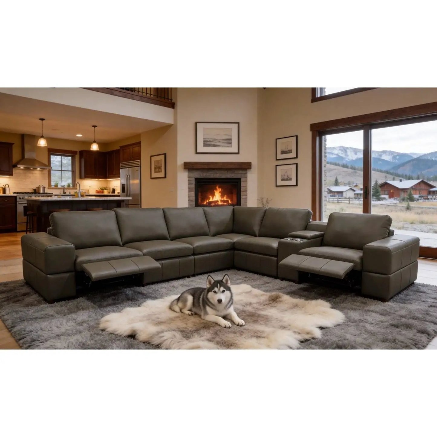 Upholstered large-arms sectional with recliner seats in gray leather on Tampa Home & Garden Store